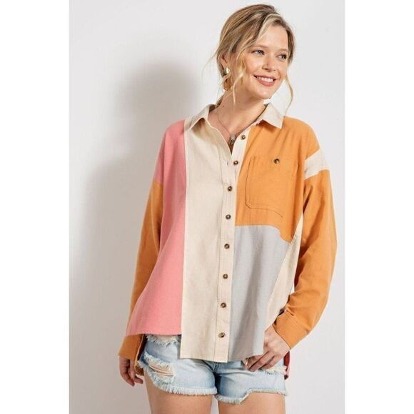 easel Tops - EASEL Clothing Women's Color block Button Up Shacket Boyfriend Fit New ET17871